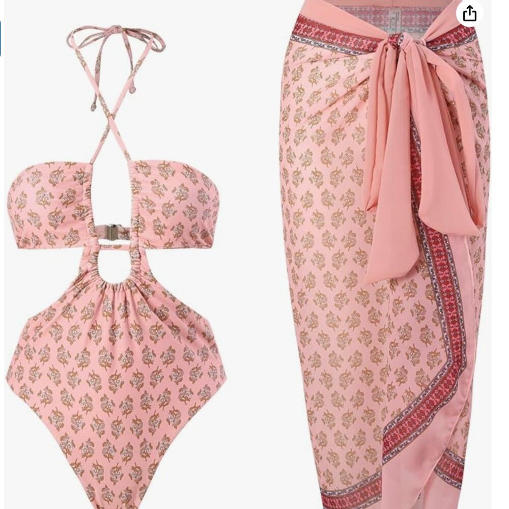 Vintage Floral Print One Piece Swimsuit with Beach Cover Up